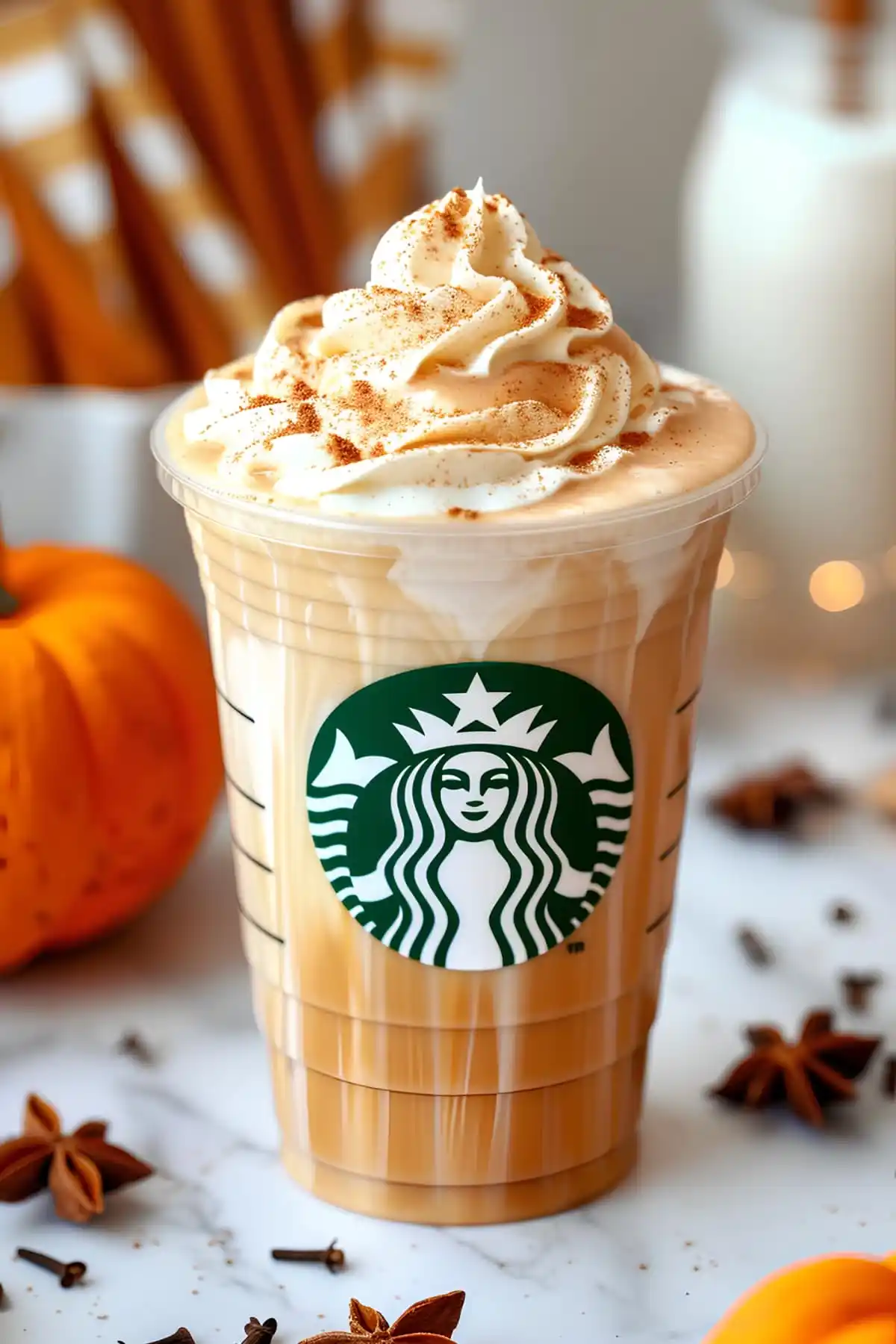 Пластмасова чаша за кафе с лого на Starbucks, пълна с кремообразна напитка и покрита с гъст крем и поръсена с канела. На фона има видими подправки като звездовиден анасон и бадеми, както и тиква, придаващи усещане за есенна атмосфера.