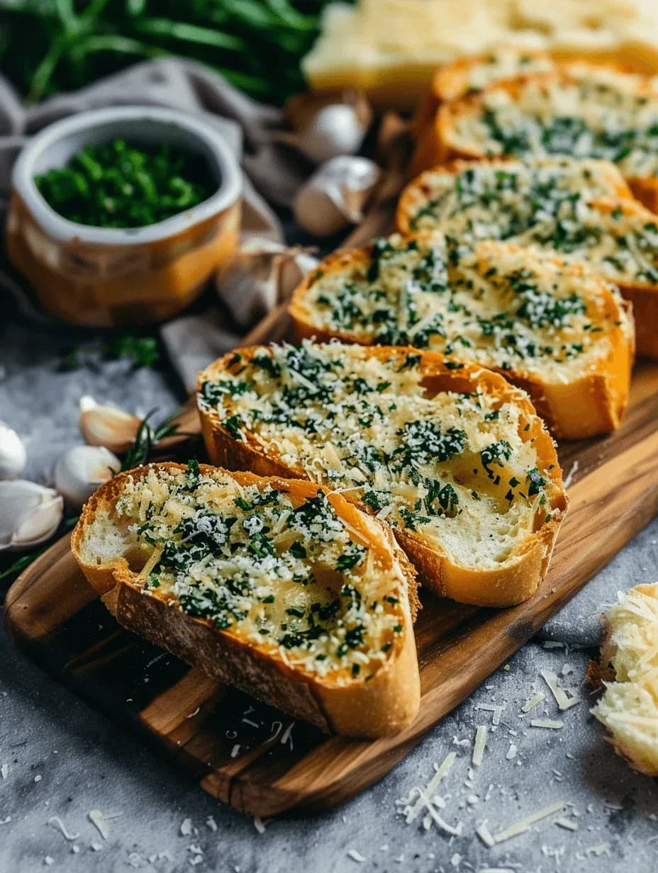 Хрупкави филийки чеснов хляб, запечени с разтопено масло, настърган пармезан и пресен магданоз. Сервирани на дървена дъска, заобиколени от свежи скилидки чесън, билки и настъргано сирене, това предястие е идеално за споделяне.
