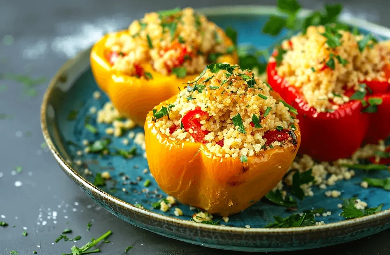 Цветни червени и жълти чушки, изкусно пълнени с ароматен кускус, печени зеленчуци и свежи билки, поднесени върху стилна тюркоазена чиния. Тази здравословна и вкусна рецепта е перфектна за лек обяд или вечеря, съчетаваща хрупкавостта на печените чушки.